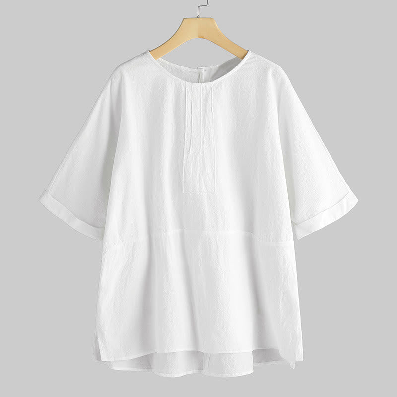 Buddha Stones Summer Casual Plain Half Sleeve Crew Neck Side Slit Cotton Women's T-Shirt - FloralWhite - US20，UK/AU24，EU52 (5XL) - image 1
