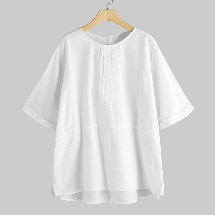 Buddha Stones Summer Casual Plain Half Sleeve Crew Neck Side Slit Cotton Women's T-Shirt - FloralWhite - US20，UK/AU24，EU52 (5XL) - image 1