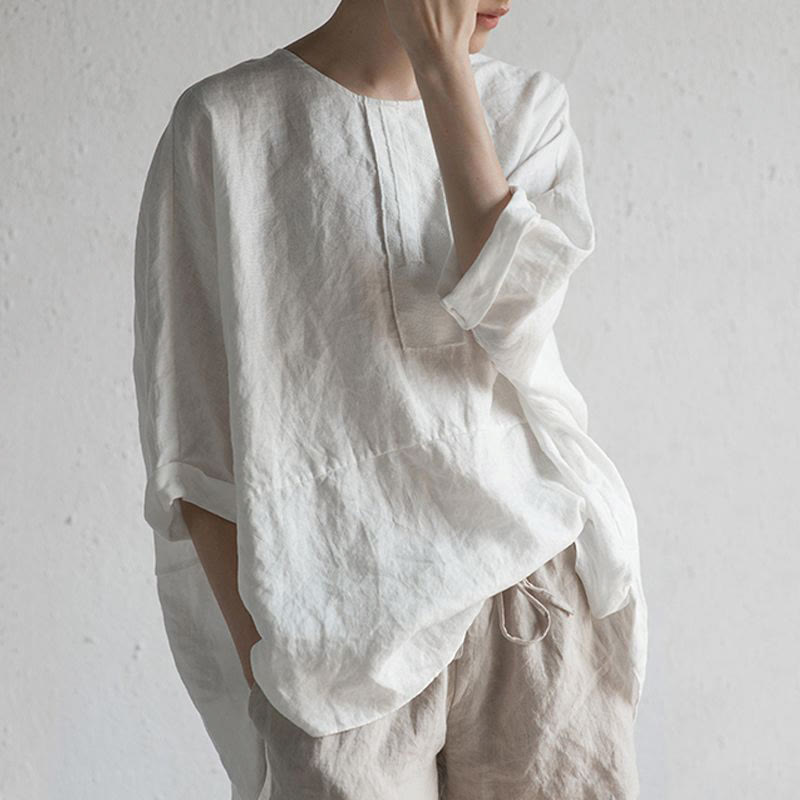 Buddha Stones Summer Casual Plain Half Sleeve Crew Neck Side Slit Cotton Women's T-Shirt - image 2