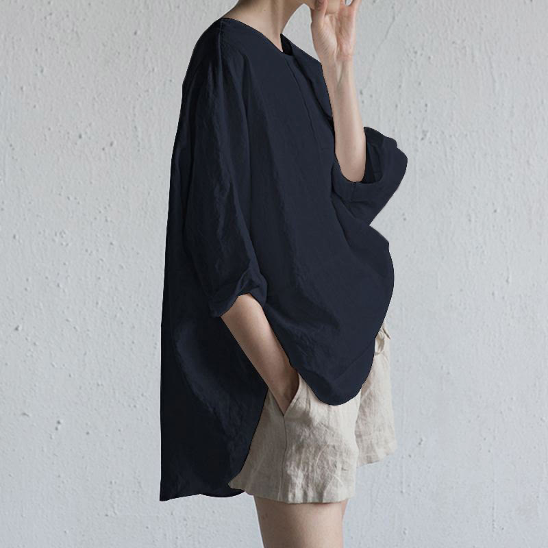 Buddha Stones Summer Casual Plain Half Sleeve Crew Neck Side Slit Cotton Women's T-Shirt - Navy - US20，UK/AU24，EU52 (5XL) - image 7