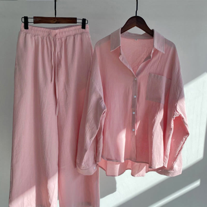 Buddha Stones 2Pcs Long Sleeve Shirt Top With Pockets Drawstring Pants Meditation Cotton Linen Clothing Women's Set - LightPink - US18，UK/AU22，EU50 (5XL) - image 6