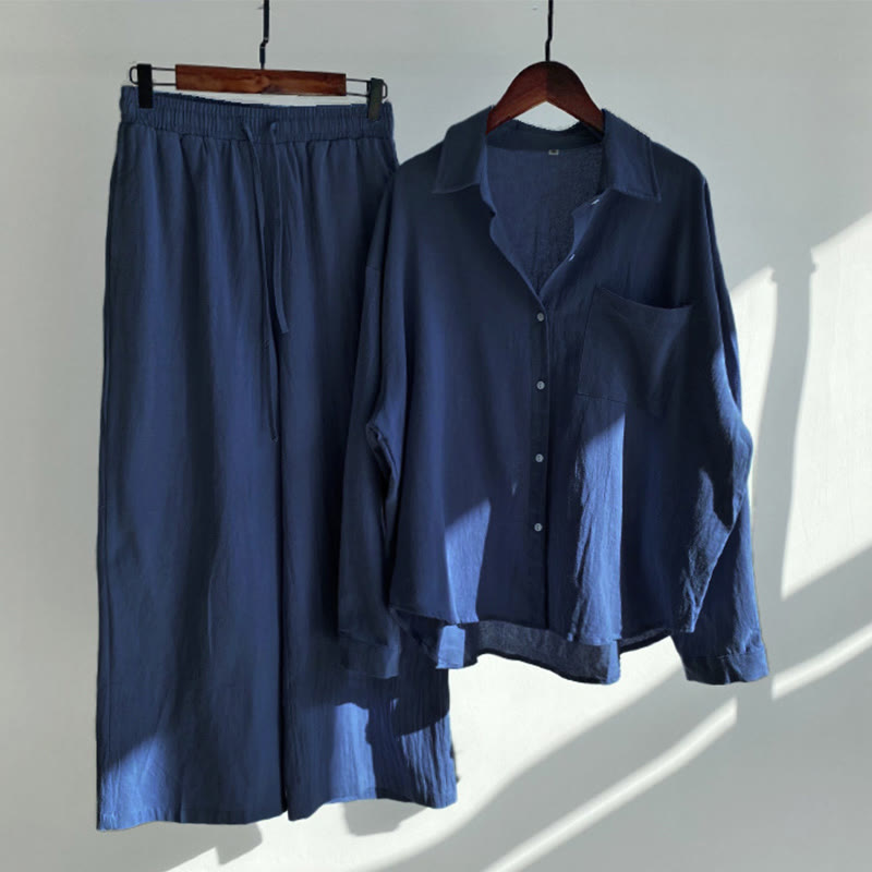 Buddha Stones 2Pcs Long Sleeve Shirt Top With Pockets Drawstring Pants Meditation Cotton Linen Clothing Women's Set - DarkBlue - US18，UK/AU22，EU50 (5XL) - image 30