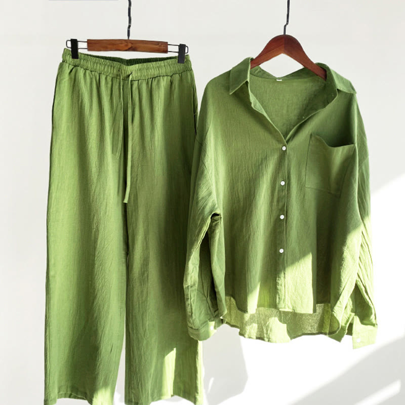 Buddha Stones 2Pcs Long Sleeve Shirt Top With Pockets Drawstring Capri Pants Meditation Cotton Clothing Women's Set - LimeGreen - US16，UK/AU20，EU48 (5XL) - image 0