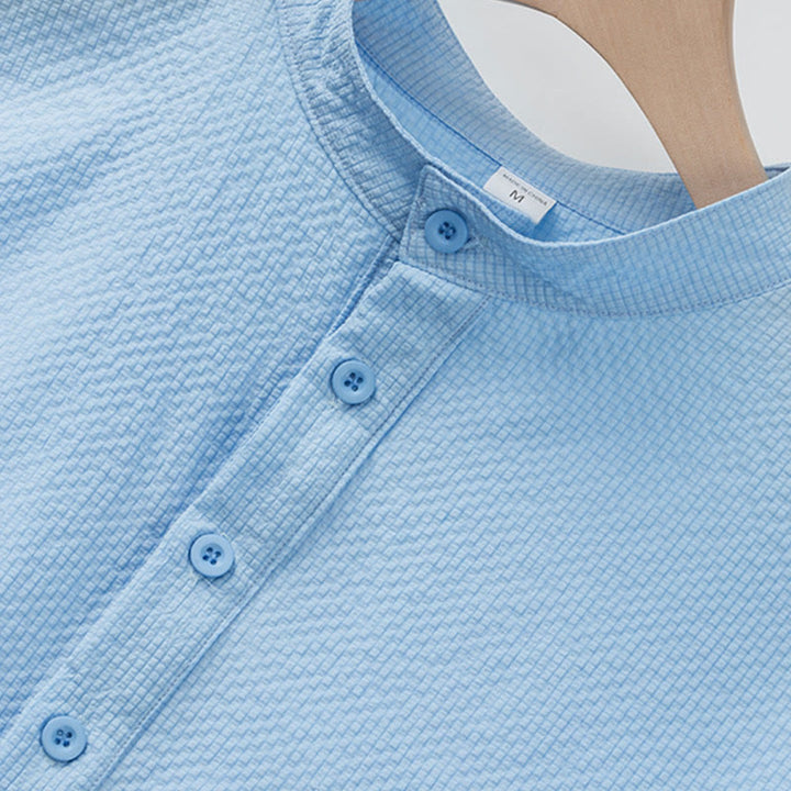 Buddha Stones Solid Color Polo Plaid Half Buttons Men's Short Sleeve Shirt - image 3