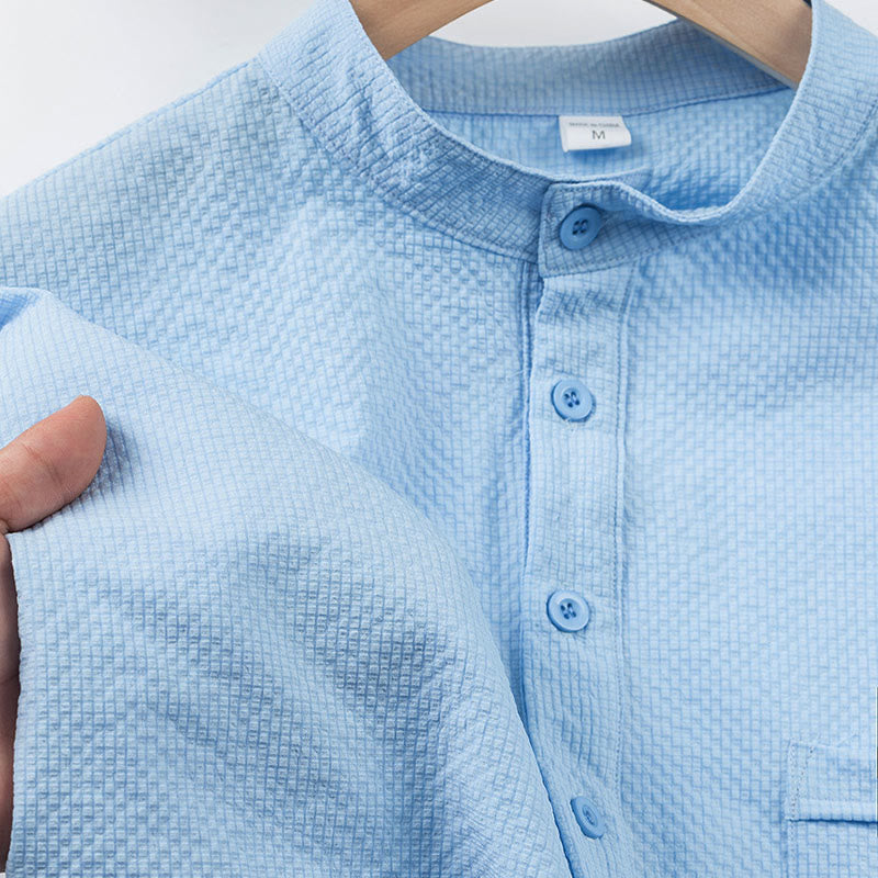 Buddha Stones Solid Color Polo Plaid Half Buttons Men's Short Sleeve Shirt - image 5