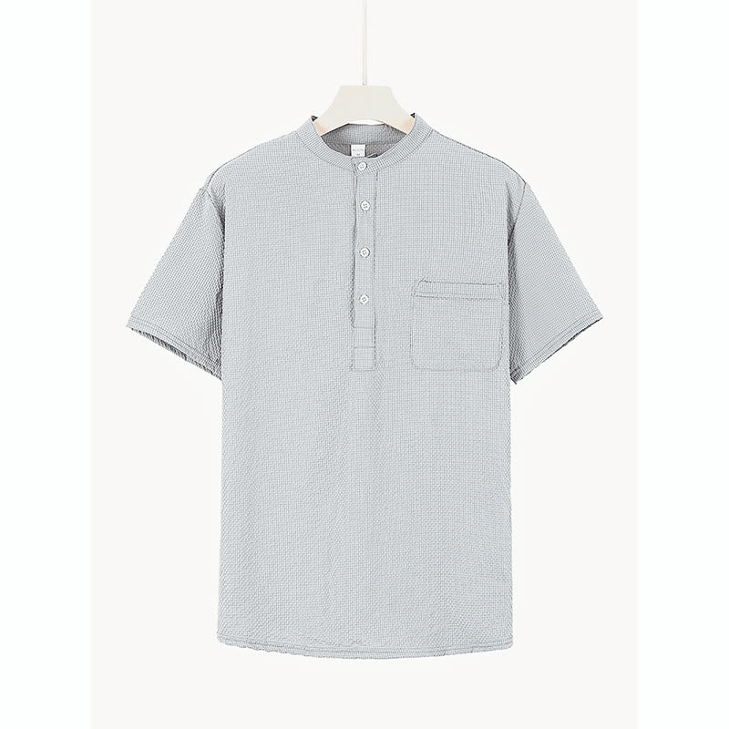 Buddha Stones Solid Color Polo Plaid Half Buttons Men's Short Sleeve Shirt - image 24