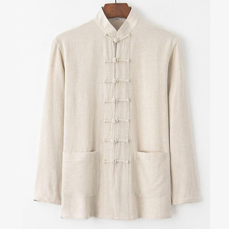 Buddha Stones 2Pcs Tang Suit Frog-Button Long Sleeve Shirt Pants Linen Cotton Men's Set - image 1
