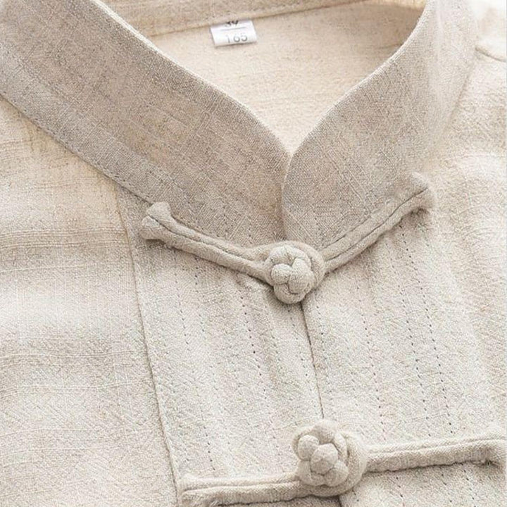 Buddha Stones 2Pcs Tang Suit Frog-Button Long Sleeve Shirt Pants Linen Cotton Men's Set - image 2