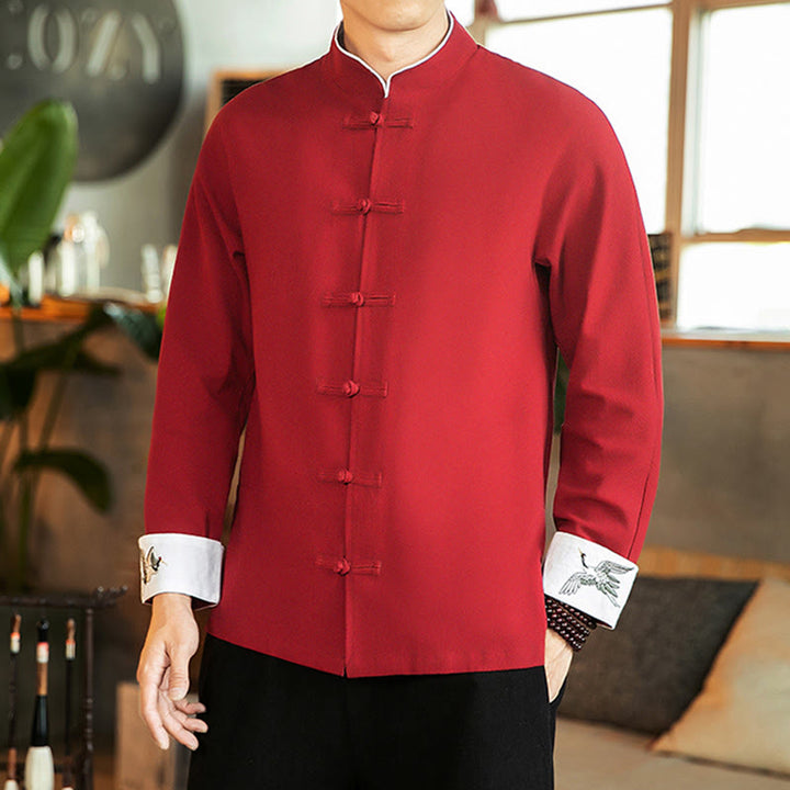 Buddha Stones Tang Suit Frog-Button Crane Embroidery Long Sleeve Cotton Men's Shirt - image 6