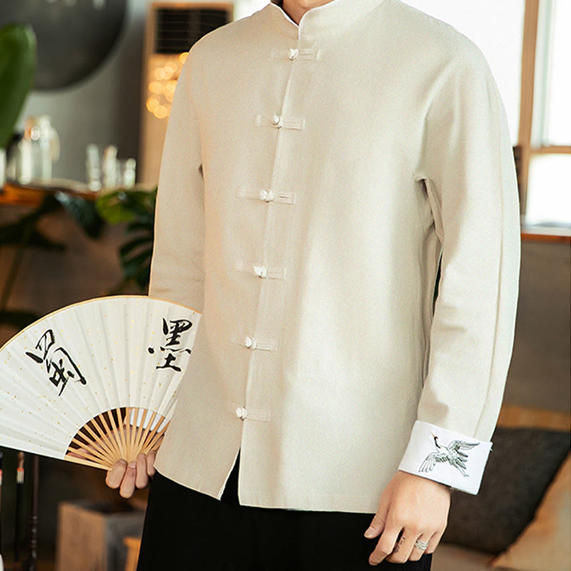 Buddha Stones Tang Suit Frog-Button Crane Embroidery Long Sleeve Cotton Men's Shirt - image 15