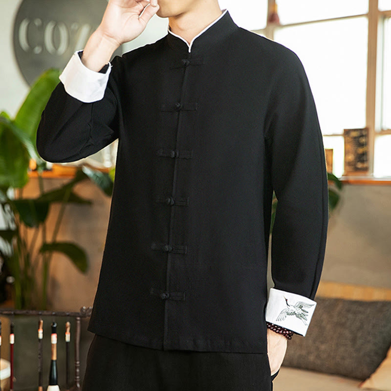 Buddha Stones Tang Suit Frog-Button Crane Embroidery Long Sleeve Cotton Men's Shirt - image 17