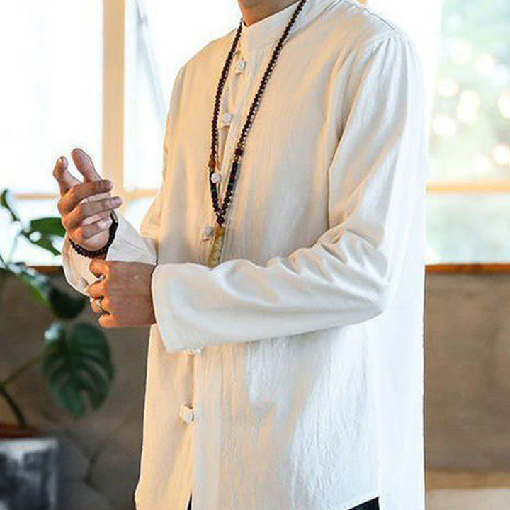 Buddha Stones Casual Stand Collar Frog-Button Long Sleeve Tang Suit Linen Men's Shirt - image 3