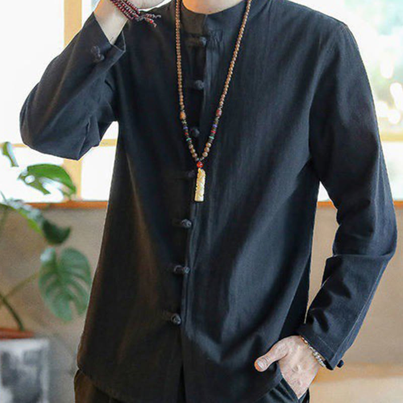 Buddha Stones Casual Stand Collar Frog-Button Long Sleeve Tang Suit Men's Shirt - image 7