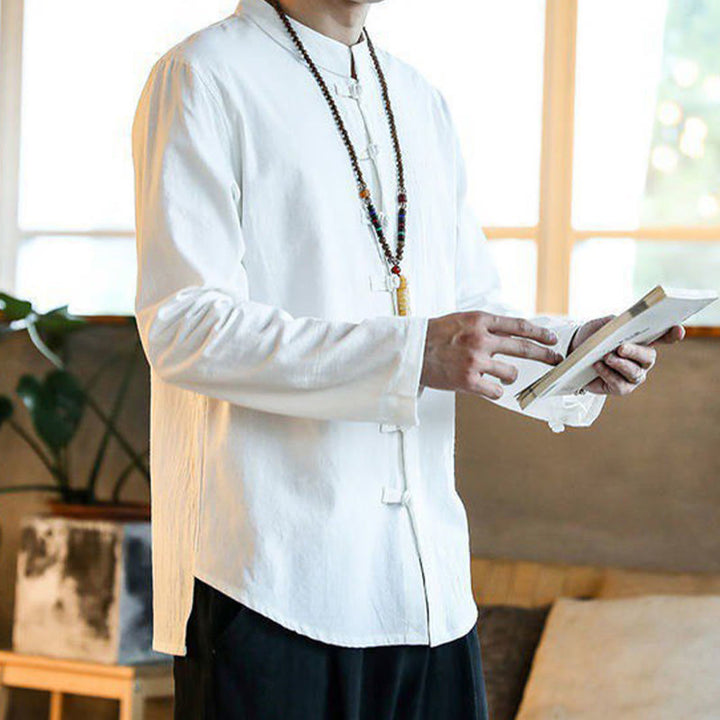 Buddha Stones Casual Stand Collar Frog-Button Long Sleeve Tang Suit Linen Men's Shirt