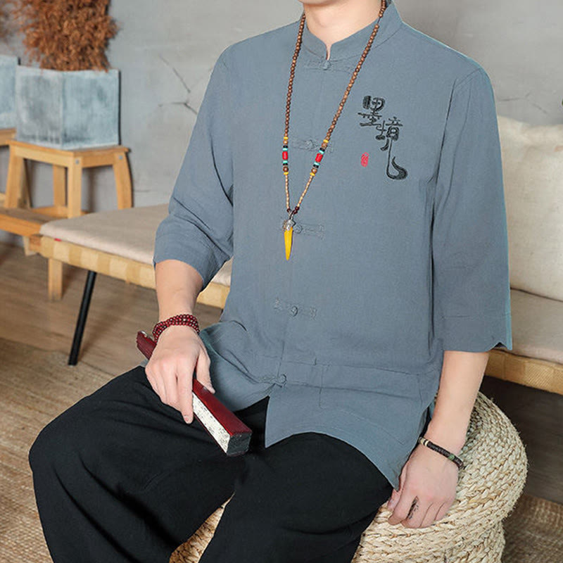 Buddha Stones Frog-Button Chinese Tang Suit Three Quarter Sleeve Cotton Linen Men's Shirt - image 4