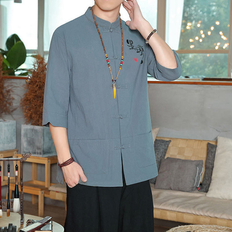 Buddha Stones Frog-Button Chinese Tang Suit Three Quarter Sleeve Cotton Linen Men's Shirt - image 2