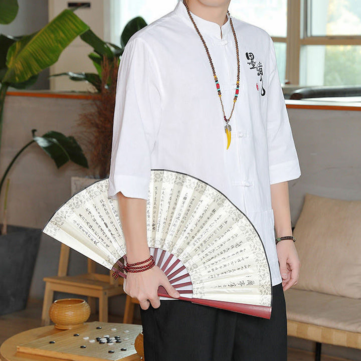 Buddha Stones Frog-Button Chinese Tang Suit Three Quarter Sleeve Cotton Linen Men's Shirt - image 8