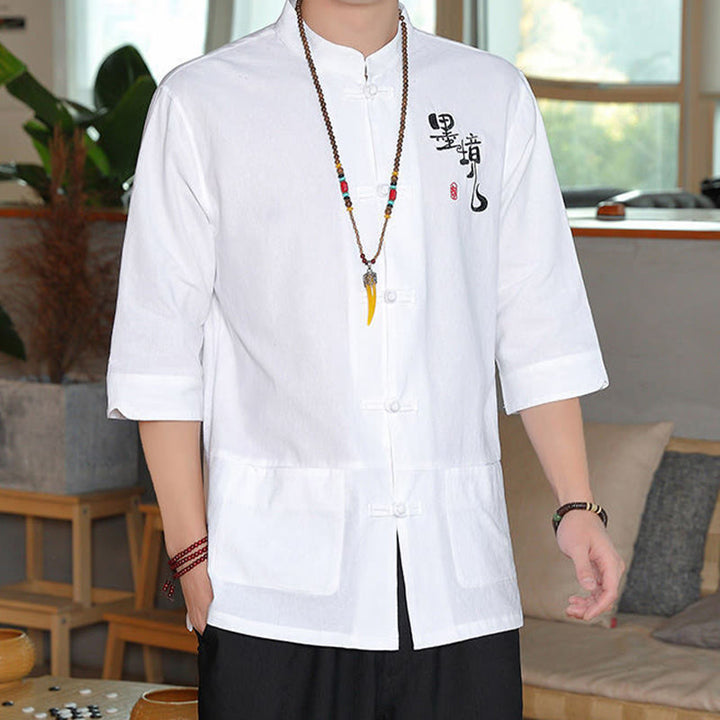 Buddha Stones Frog-Button Chinese Tang Suit Three Quarter Sleeve Cotton Linen Men's Shirt