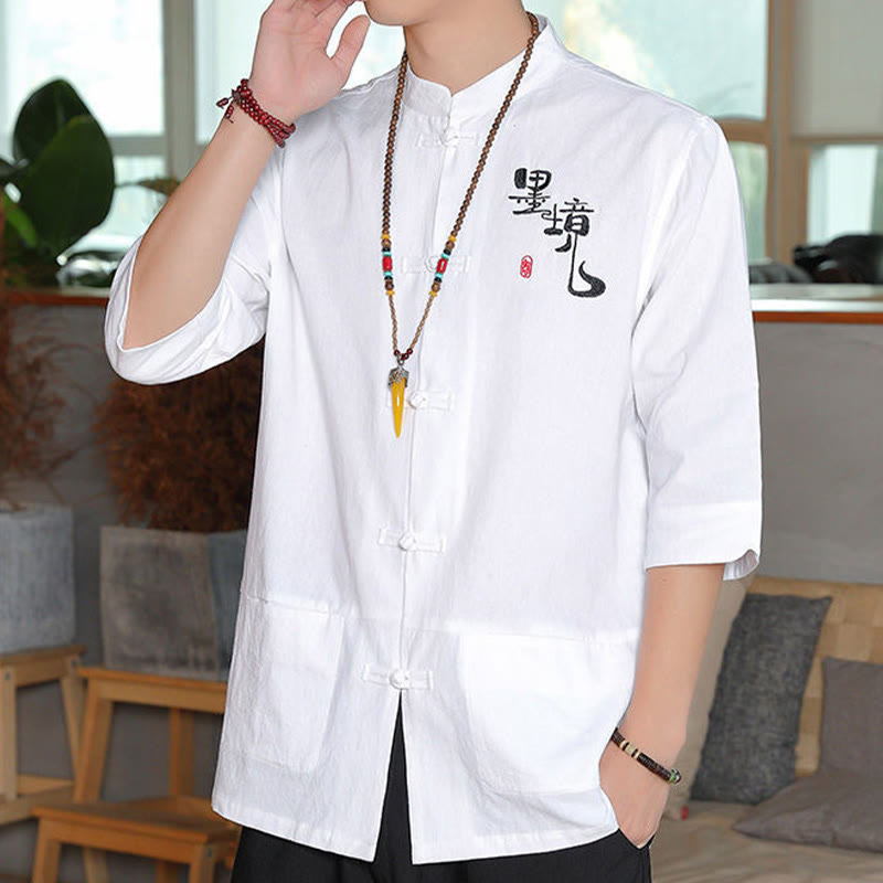 Buddha Stones Frog-Button Chinese Tang Suit Three Quarter Sleeve Cotton Linen Men's Shirt - image 9