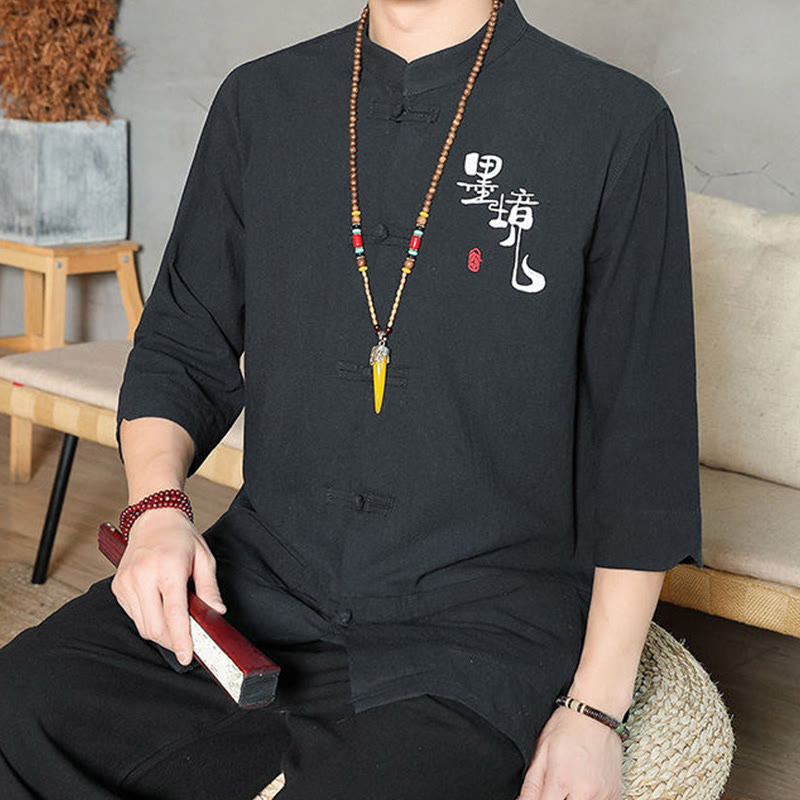 Buddha Stones Frog-Button Chinese Tang Suit Three Quarter Sleeve Cotton Linen Men's Shirt - image 15