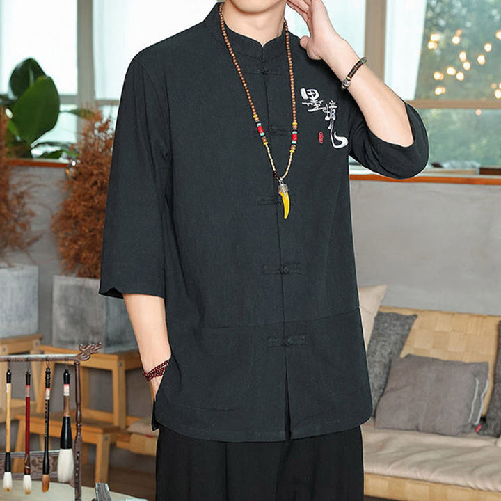 Buddha Stones Frog-Button Chinese Tang Suit Three Quarter Sleeve Cotton Linen Men's Shirt