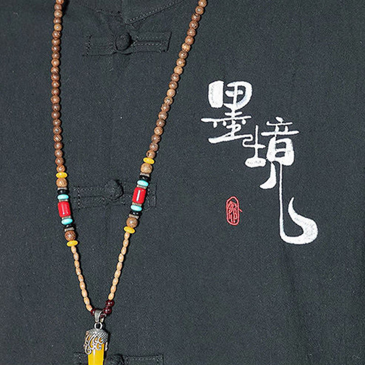Buddha Stones Frog-Button Chinese Tang Suit Three Quarter Sleeve Cotton Linen Men's Shirt
