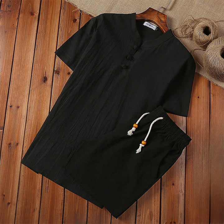 Buddha Stones 2Pcs Solid Color Frog-Button Tang Suit Cotton Linen Short Sleeve Pants Clothing Men's Set
