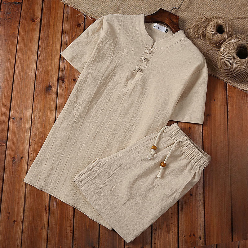Buddha Stones 2Pcs Solid Color Frog-Button Tang Suit Cotton Linen Short Sleeve Pants Clothing Men's Set - Beige - US/UK/AU46，EU56 (5XL) - image 3