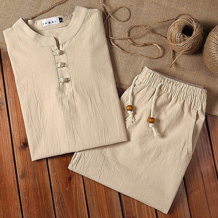 Buddha Stones 2Pcs Solid Color Frog-Button Tang Suit Cotton Linen Short Sleeve Pants Clothing Men's Set