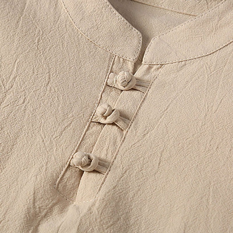Buddha Stones 2Pcs Solid Color Frog-Button Tang Suit Cotton Linen Short Sleeve Pants Clothing Men's Set