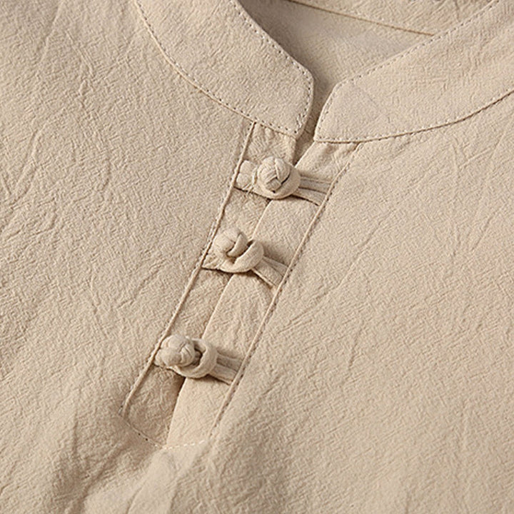 Buddha Stones 2Pcs Solid Color Frog-Button Tang Suit Cotton Linen Short Sleeve Pants Clothing Men's Set