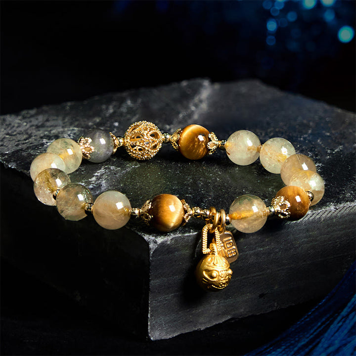 Buddha Stones Natural Rutilated Quartz Fu Character Metal Swallowing Beast Auspiciousness Bracelet