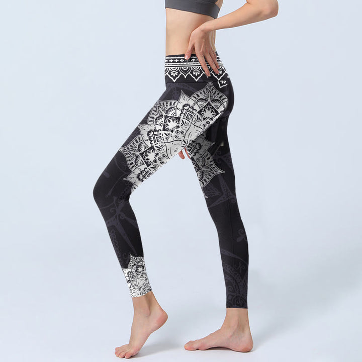 Buddha Stones Black Mandala Flowers Print Exercise Leggings Women's Yoga Pants - image 2