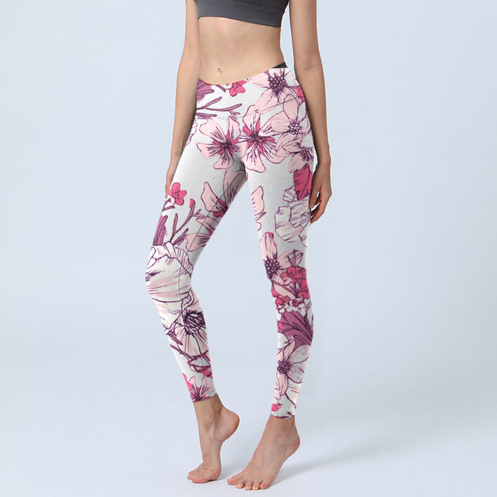 Buddha Stones Pink Rose Red Flowers Print Exercise Leggings Women's Yoga Pants