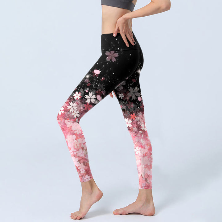 Buddha Stones Pink Cherry Blossoms Print Exercise Leggings Women's Yoga Pants - image 2
