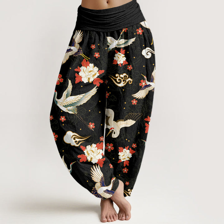 Buddha Stones Casual Red-Crowned Crane Peony Flower Cherry Blossom Pattern Women's Elastic Waist Harem Pants