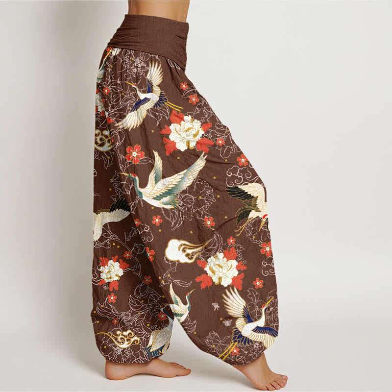 Buddha Stones Casual Red-Crowned Crane Peony Flower Cherry Blossom Pattern Women's Elastic Waist Harem Pants