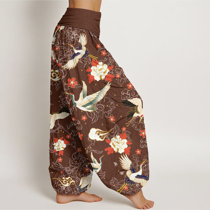 Buddha Stones Casual Red-Crowned Crane Peony Flower Cherry Blossom Pattern Women's Elastic Waist Harem Pants