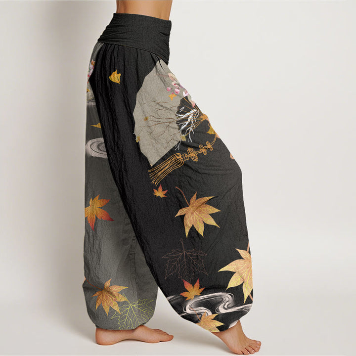 Buddha Stones Casual Folding Fan Flowers Maple Leaves Cloud Pattern Women's Elastic Waist Harem Pants - image 1