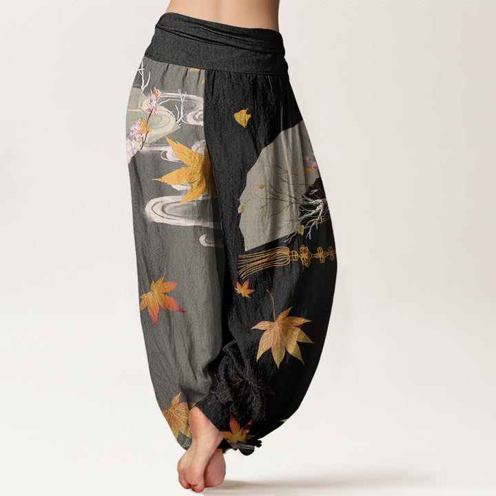 Buddha Stones Casual Folding Fan Flowers Maple Leaves Cloud Pattern Women's Elastic Waist Harem Pants - image 2