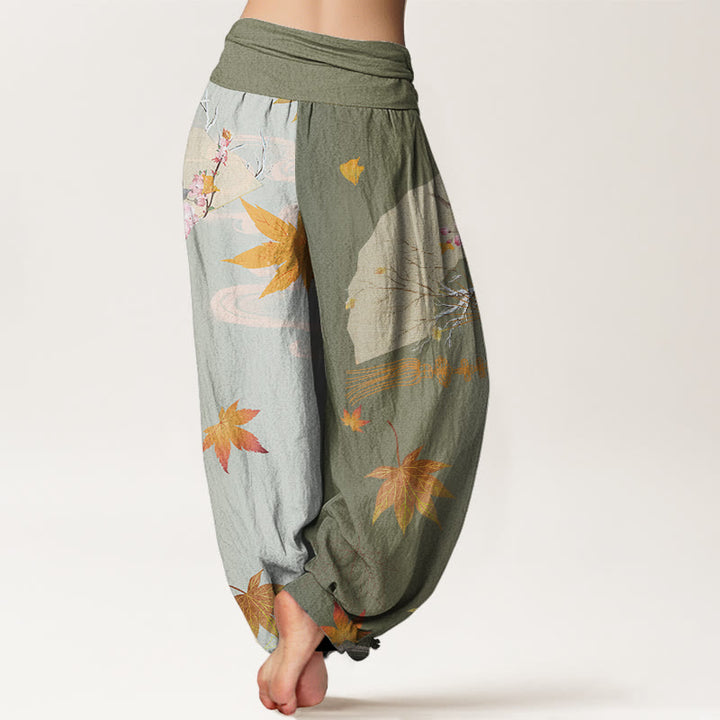 Buddha Stones Casual Folding Fan Flowers Maple Leaves Cloud Pattern Women's Elastic Waist Harem Pants - image 6