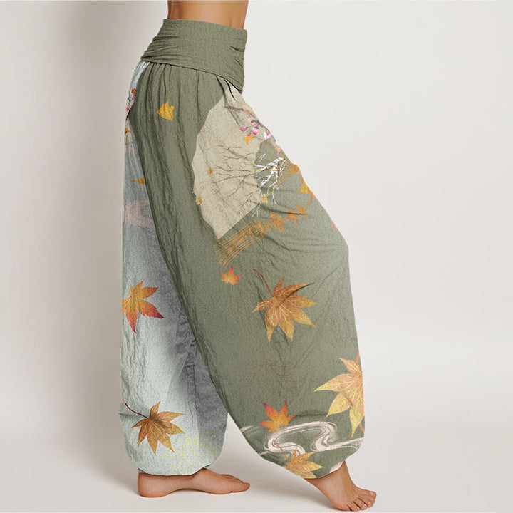 Buddha Stones Casual Folding Fan Flowers Maple Leaves Cloud Pattern Women's Elastic Waist Harem Pants - image 5