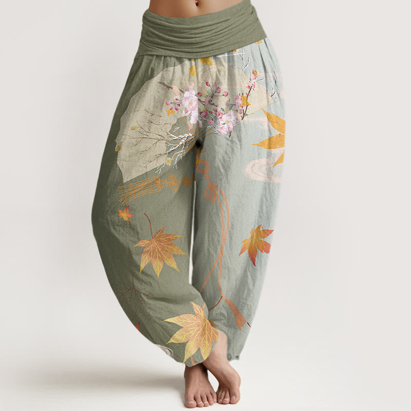 Buddha Stones Casual Folding Fan Flowers Maple Leaves Cloud Pattern Women's Elastic Waist Harem Pants - DarkSeaGreen - US22，UK/AU26，EU54 (6XL) - image 4