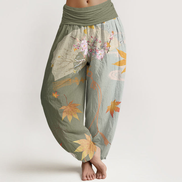 Buddha Stones Casual Folding Fan Flowers Maple Leaves Cloud Pattern Women's Elastic Waist Harem Pants - DarkSeaGreen - US22，UK/AU26，EU54 (6XL) - image 4