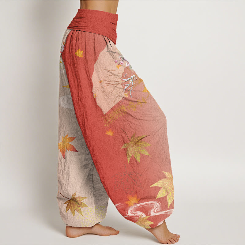 Buddha Stones Casual Folding Fan Flowers Maple Leaves Cloud Pattern Women's Elastic Waist Harem Pants - image 8