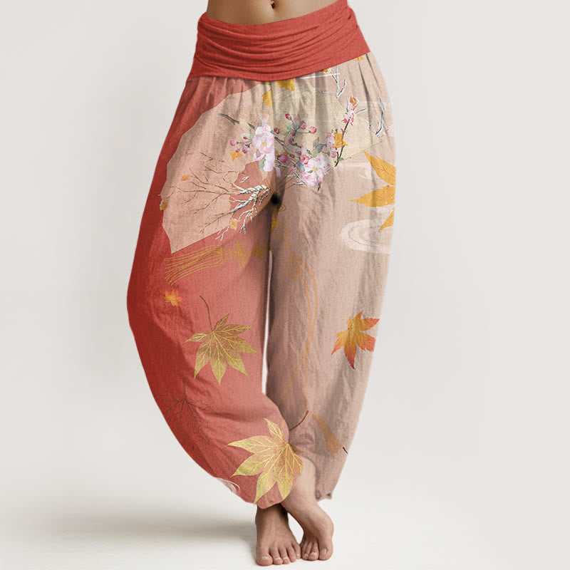 Buddha Stones Casual Folding Fan Flowers Maple Leaves Cloud Pattern Women's Elastic Waist Harem Pants - Tomato - US22，UK/AU26，EU54 (6XL) - image 7