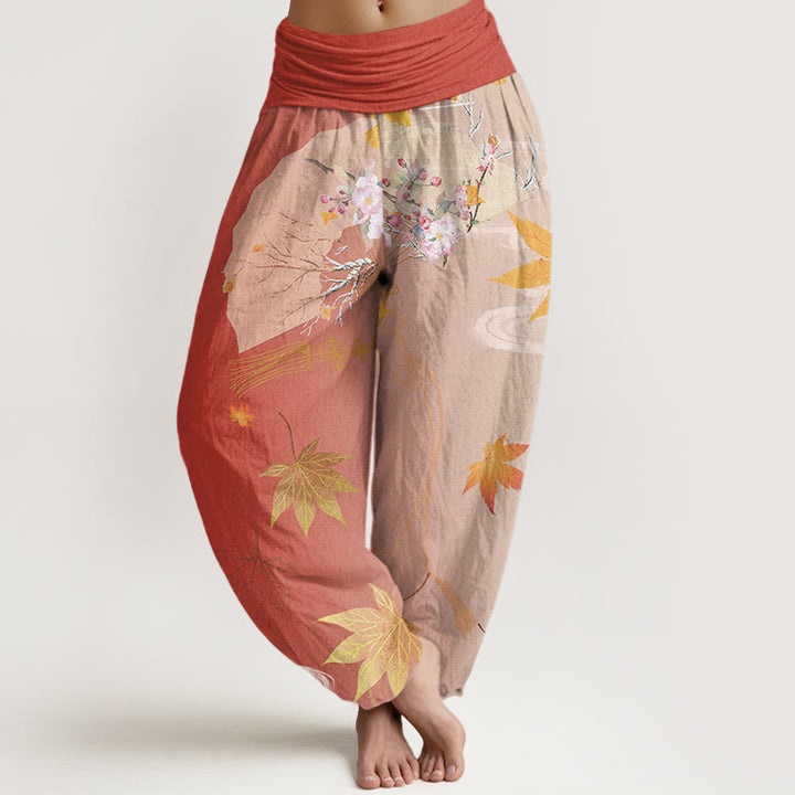 Buddha Stones Casual Folding Fan Flowers Maple Leaves Cloud Pattern Women's Elastic Waist Harem Pants - Tomato - US22，UK/AU26，EU54 (6XL) - image 7