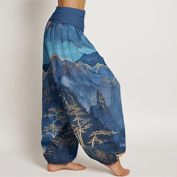 Buddha Stones Casual Full Moon Mountains Trees River Pattern Women's Elastic Waist Harem Pants - image 1