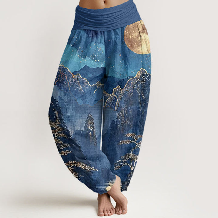 Buddha Stones Casual Full Moon Mountains Trees River Pattern Women's Elastic Waist Harem Pants - SteelBlue - US22，UK/AU26，EU54 (6XL) - image 0
