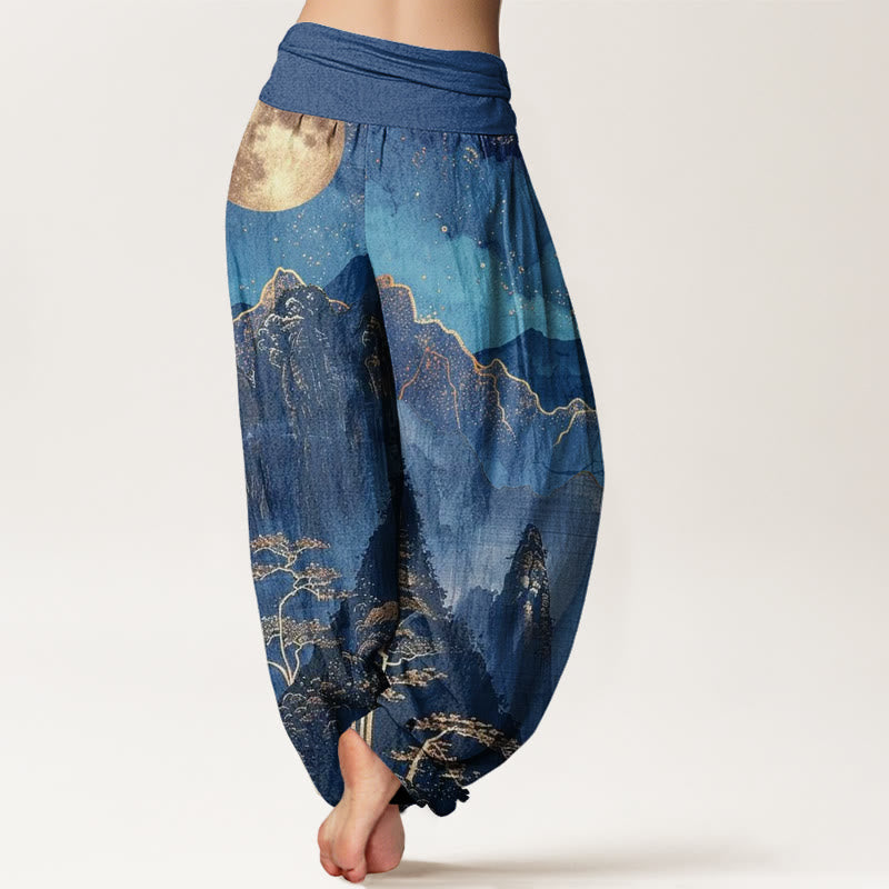 Buddha Stones Cotton Casual Full Moon Mountains Trees River Pattern Women's Elastic Waist Harem Pants - image 2
